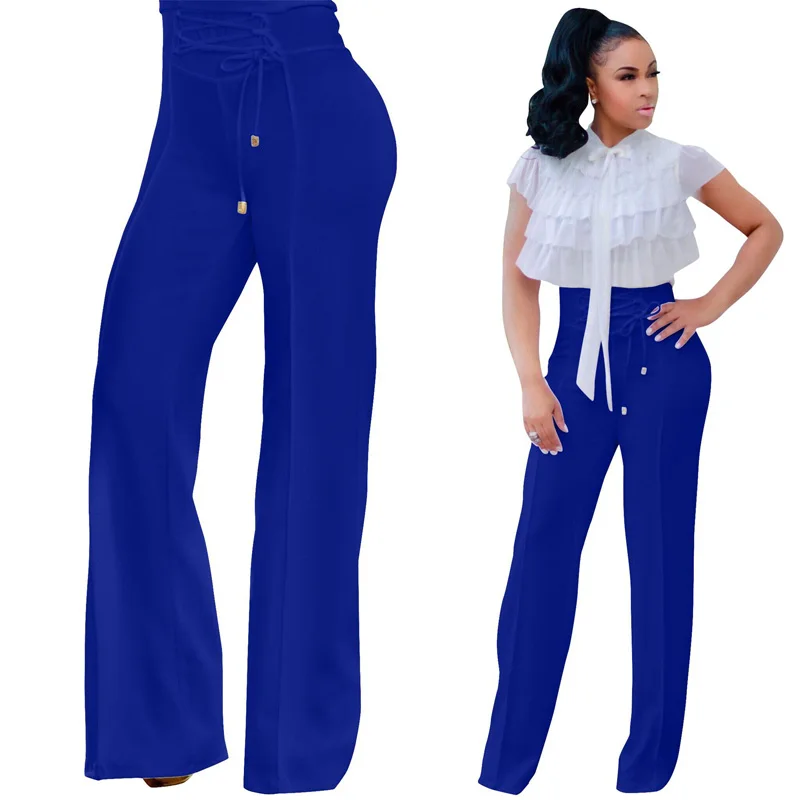 

Hot sale solid color wide leg pants eyelet bandage wide leg trousers fashion temperament elegant wild African women pants summer