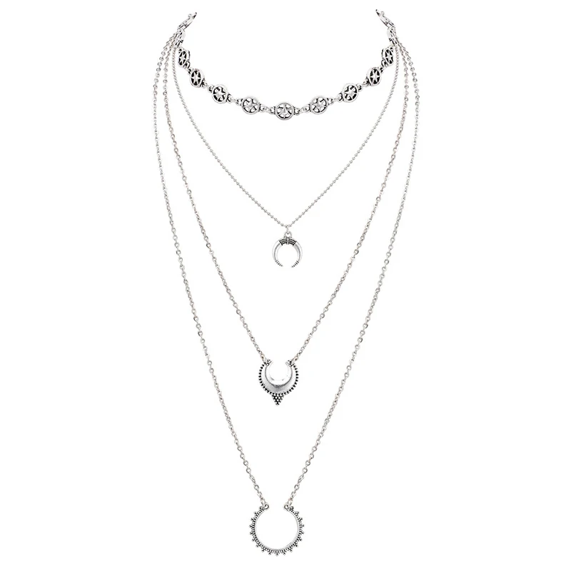 

Boho Multi Layer Chain Pendant Choker Necklace For Women Fashion Silver Color Statement Jewelry