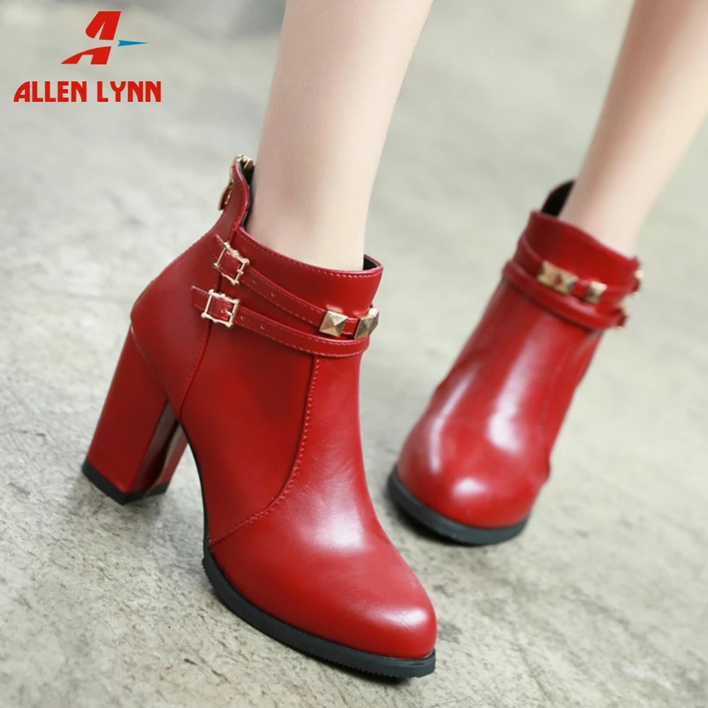 

ALLEN LYNN Ankle Boots Woman Fashion Round Toe Square High Heels Zippers Metal Decorations Ankle Boots Woman Plus Size 30-50