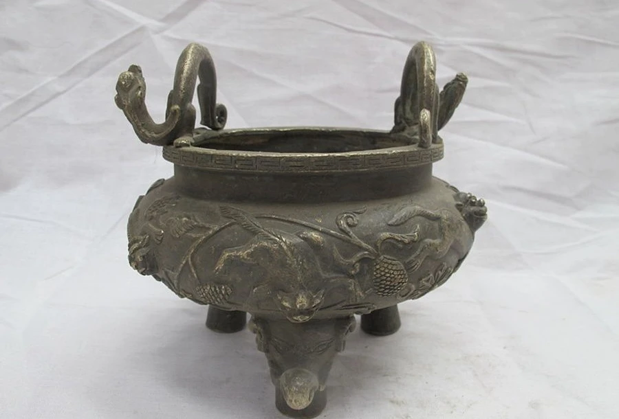 

Chinese old Bronze Two Dragon Lion Wild beast Dynasty Incense Burner Censer a 0518