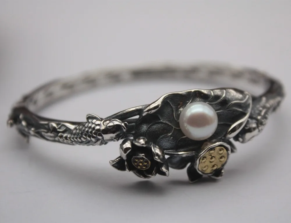 

Pure Sterling Silver S999 Bangles For Women Unique Retro Pearl Lotus Leaf Bracelets & Bangles 57mm Female Ladies Jewelry Pattern