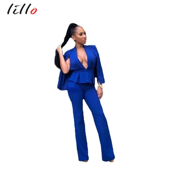 

Unique sexy African women's two-piece suit sexy deep V solid color Slim two-piece solid color pleated bat sleeve suit autumn