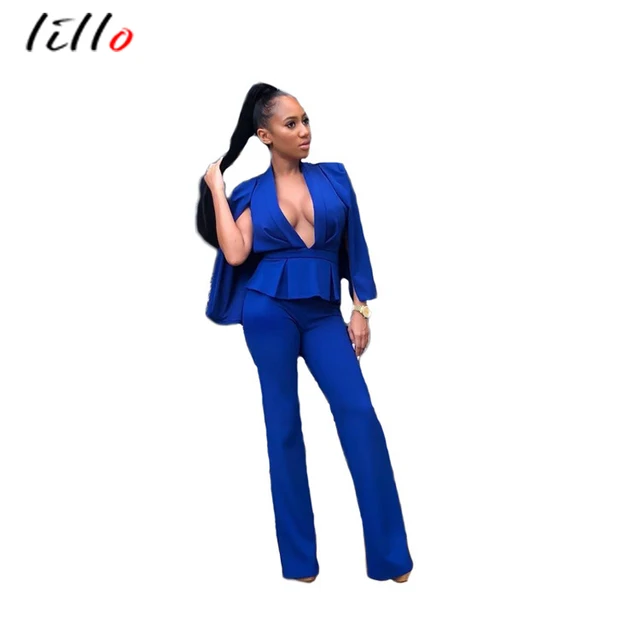 Best Offers Unique sexy African women's two-piece suit sexy deep V solid color Slim two-piece solid color pleated bat sleeve suit autumn Best Offers Unique sexy African women's two-piece suit sexy deep V solid color Slim two-piece solid color pleated bat sleeve suit autumn