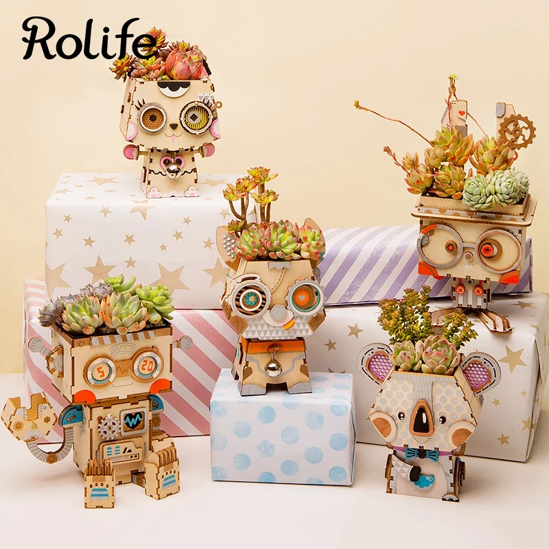 

Rolife Plant Pot DIY Cartoon Flower Pot Wood Decoration Succulents Box Garden Bonsai Pot for Flowers Garden Home Office Decor