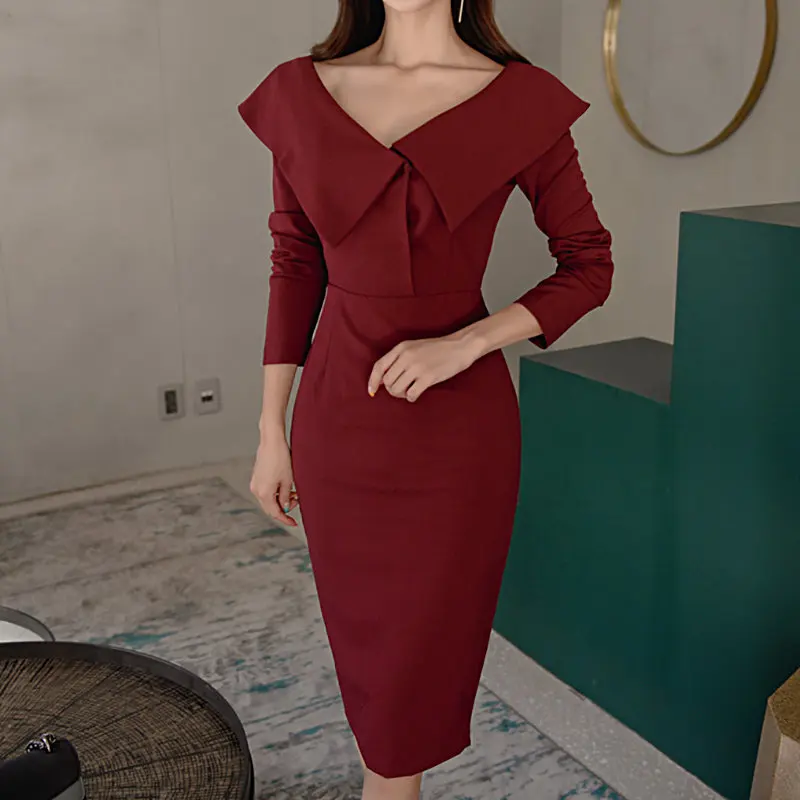 

BGTEEVER Elegant Big V-neck Women Vestidos Long Sleeve Midi Pencil Dress Female Sheath Bodycon Party Dress femme 2018