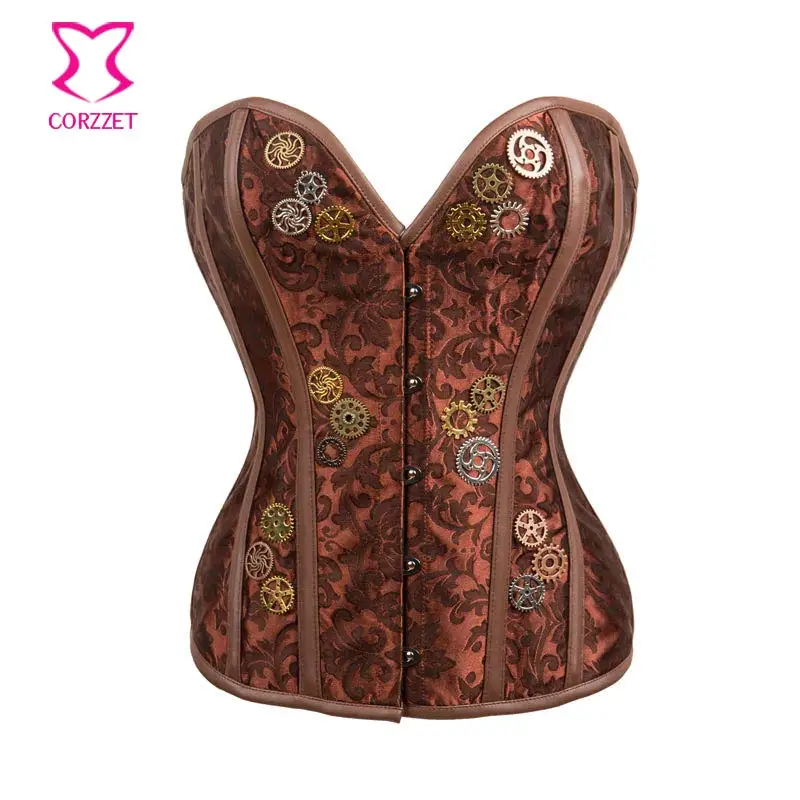 

Brown Brocade & Metal Gear Overbust Steel Boned Corset Steampunk Gothic Clothing Vintage Bustier Sexy Corseletes E Espartilhos