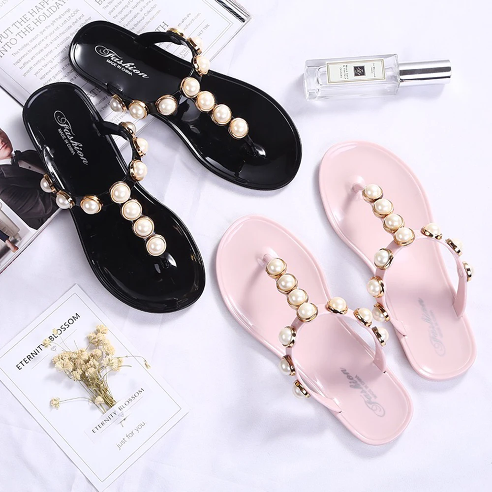 

Chic Women Sandals T Strap Thong Flip Flops Pearls Jelly Shoes Cute Slippers Casual Flat solid color summer beach Sandals