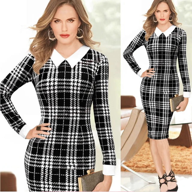 Spring Uk fashion woman office dresses elegant full sleeve formal