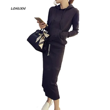 

2 pieces top + skirt High quality fashion cashmere Hoodie suit female students fall slim package hip long sleeved knit leisure