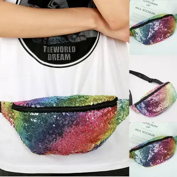 

Fashion Newest Men Women Rainbow Waist Bag Fanny Pack Bags Sequin Belt Wallet Small Purse Phone Pouch Ladies Casual Packs Tote