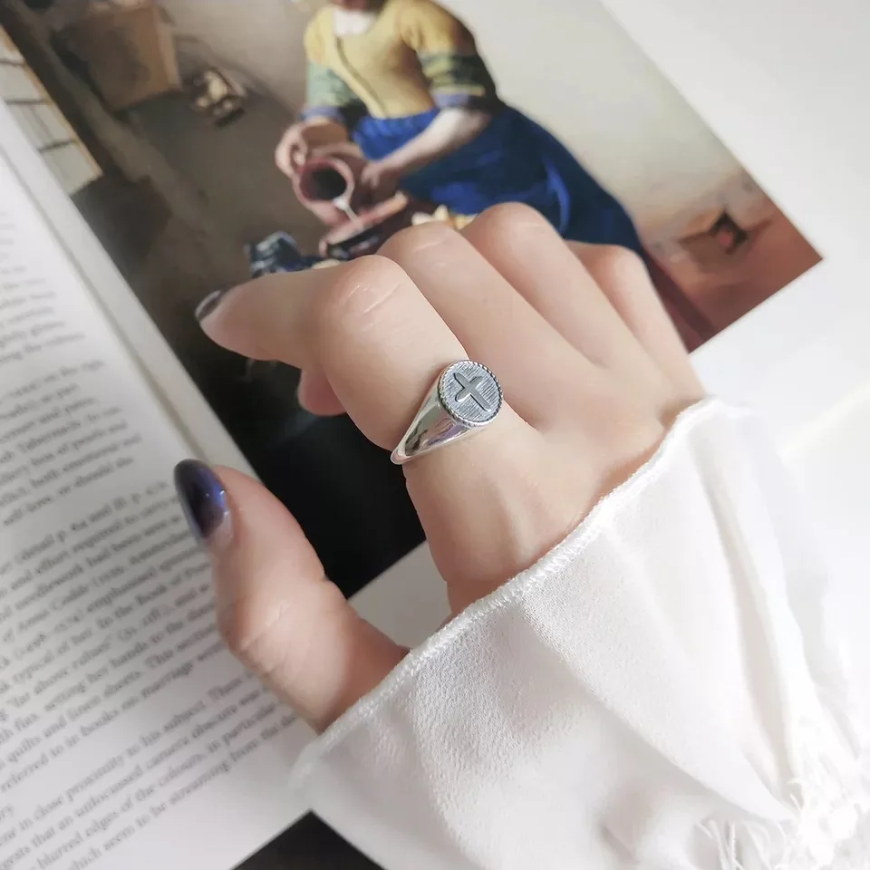 

S925 sterling silver ring fashion retro cross ring open adjustable trend wild men women boy girls silver hand jewelry
