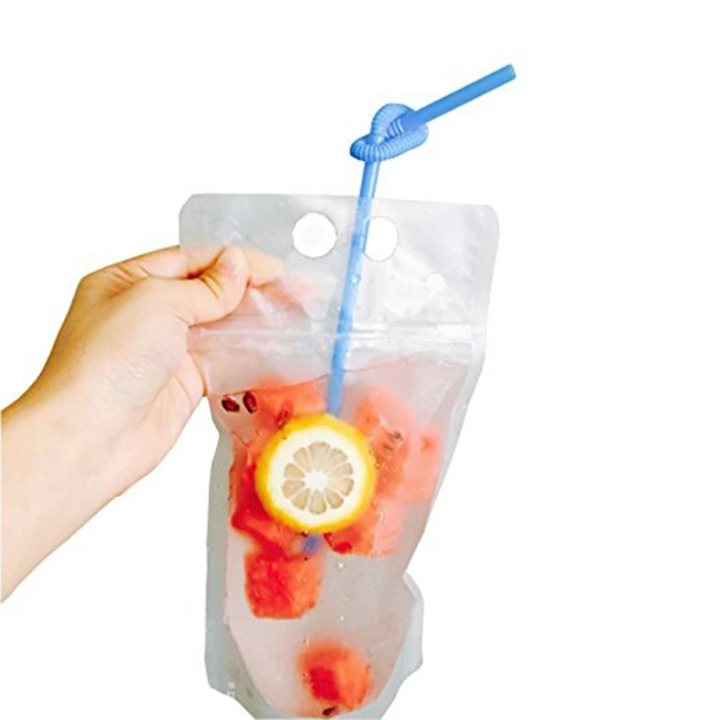 

50PCS Disposable 500ml Juice Drink Bag Vertical Zipper Seal Bag With Straw Disposable Party Tableware
