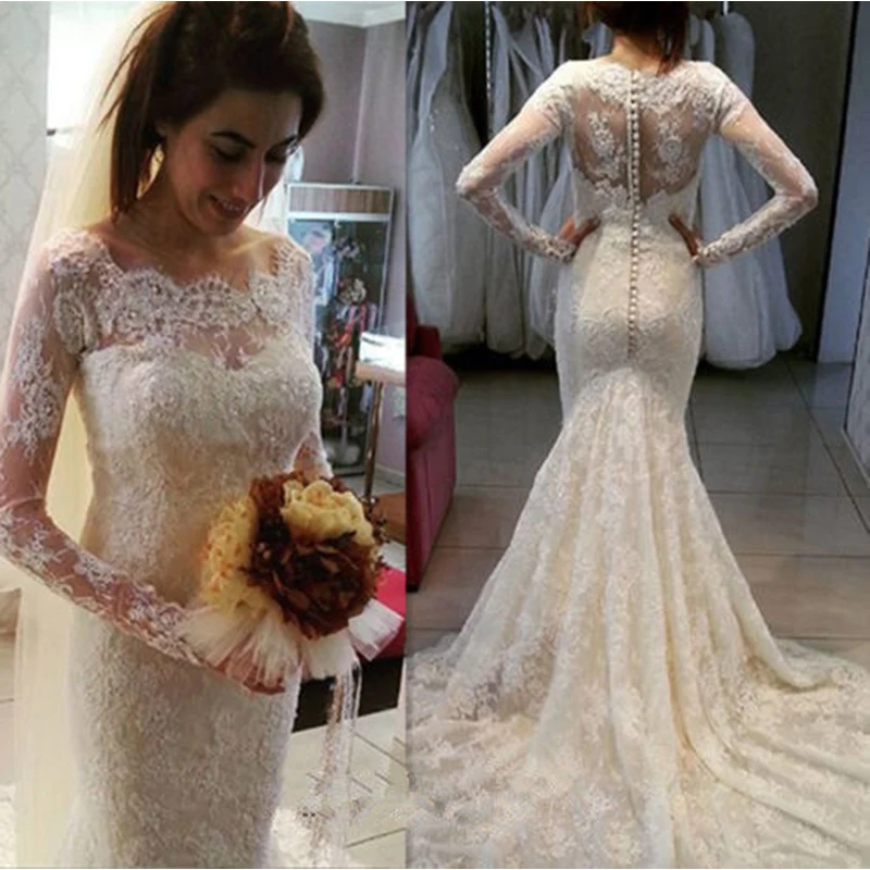 Vestido De Novia Русалка развертки поезд одежда с длинным рукавом платье с кружевной аппликацией Бисер Свадебная вечеринка платье