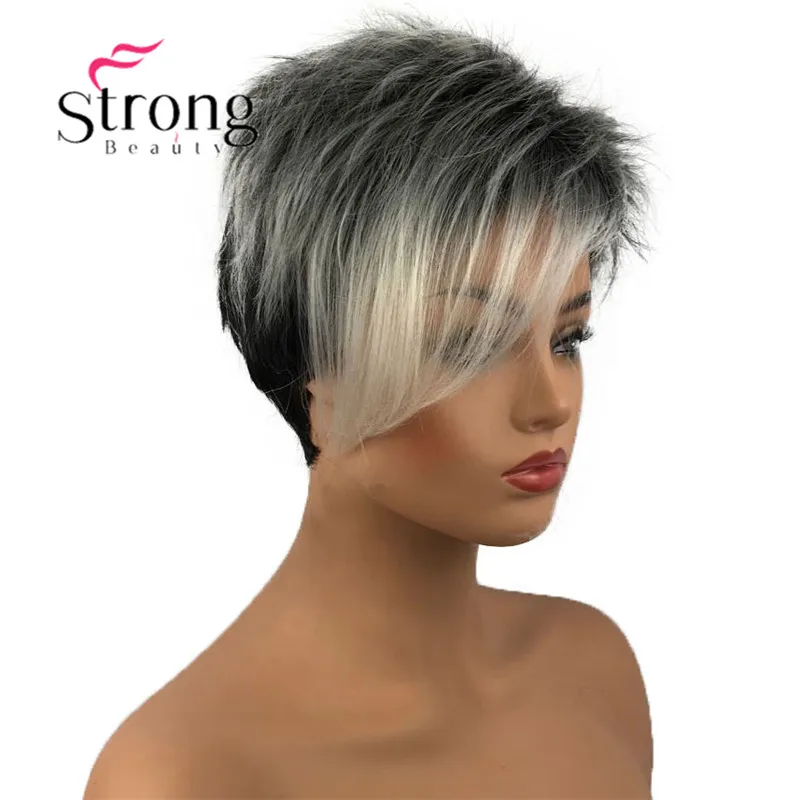 StrongBeauty короткие серебряные с темными корнями Омбре девушки парики синтетические волосы парик