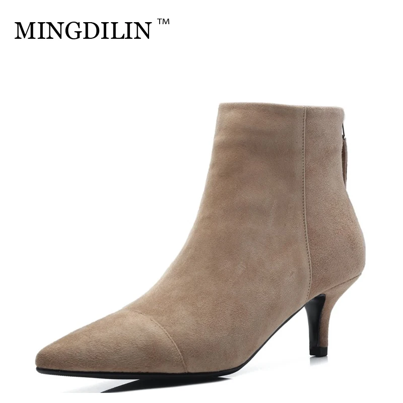 

MINGDILIN Warm Winter Ankle Boots Natural Leather Leisure Party Abrasive Fabric Sell New Products Woman Shoes Fine Heel Latest