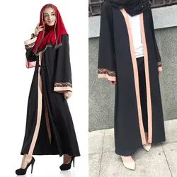 Контраст Цвет Лен ближнем востоке Турции свободные мусульманское платье Длинные рукава летние Повседневное черный Абаи открытым