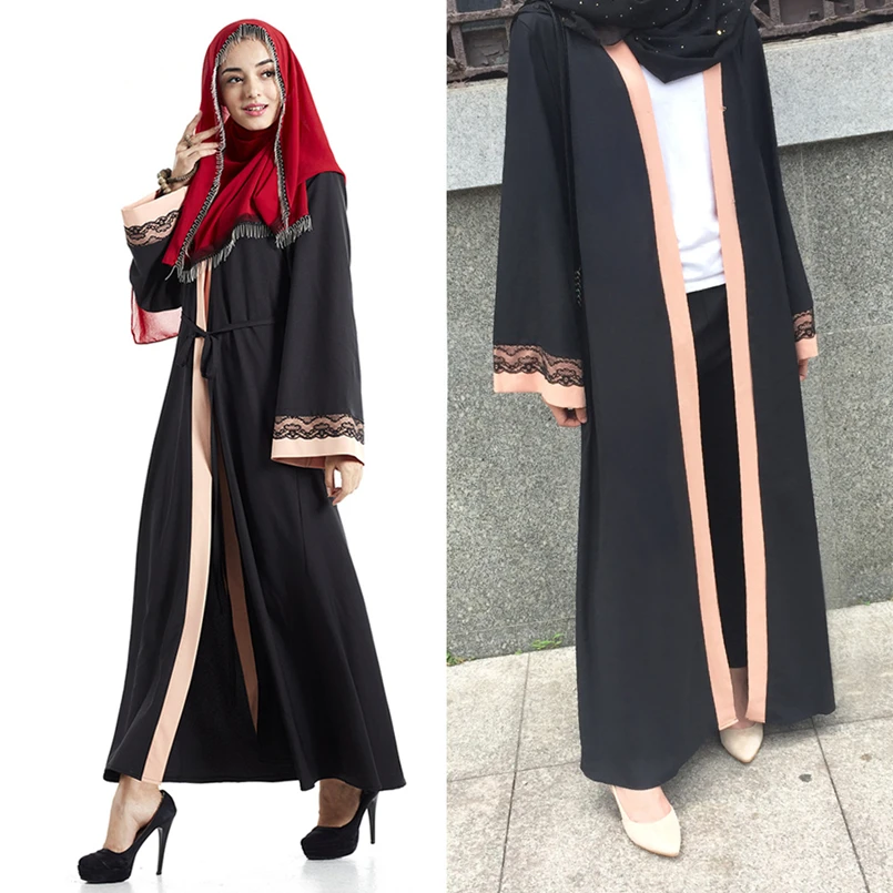

Contrast Color Linen Middle East Turkey Loose Muslim Dress Full Sleeves Summer Casual Black Abaya Open Dubai Moroccan Kaftan
