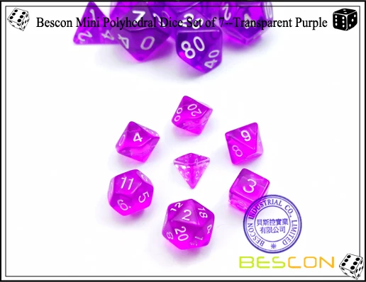 Bescon мини полупрозрачные многогранные игральные кости, набор 10 мм, маленькие ролевые игры, игральные кости, набор D4-D20 в трубке, прозрачный фиолетовый