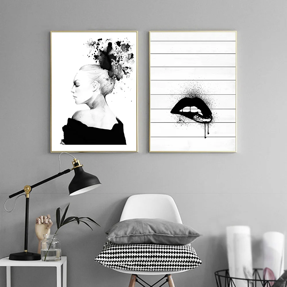 Black Lips Poster Pop Art Painting Abstract Wall Art Black and White Posters And Prints Living Room Women Picture Quote Unframed