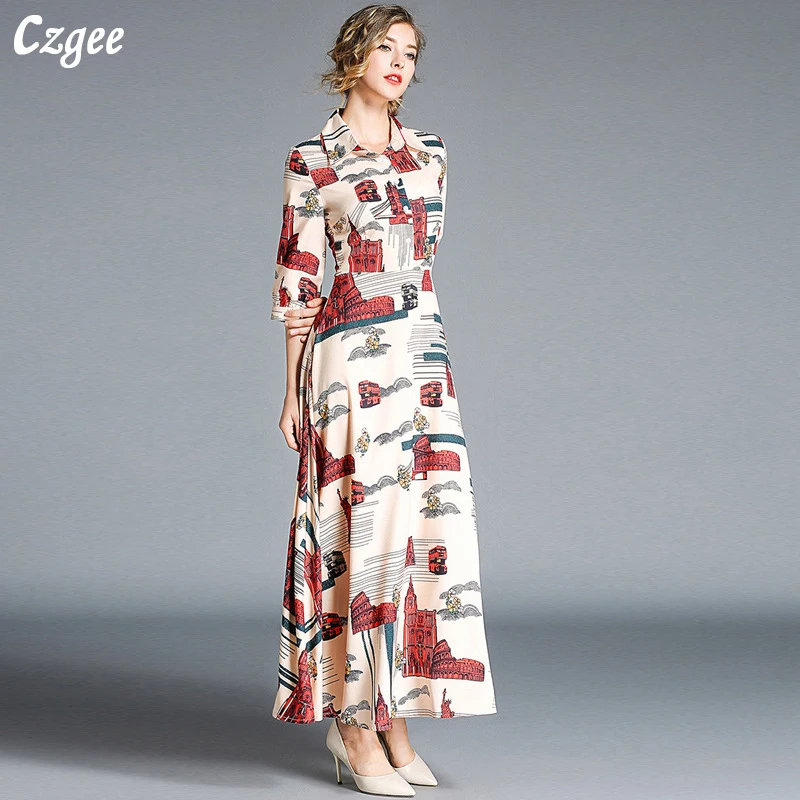 Czgee 2018 High Quality Autumn Dress Designer Women Three Quarter Sleeve Printing Turn Down Collar Slim Vintage Dress Vestido Dresses