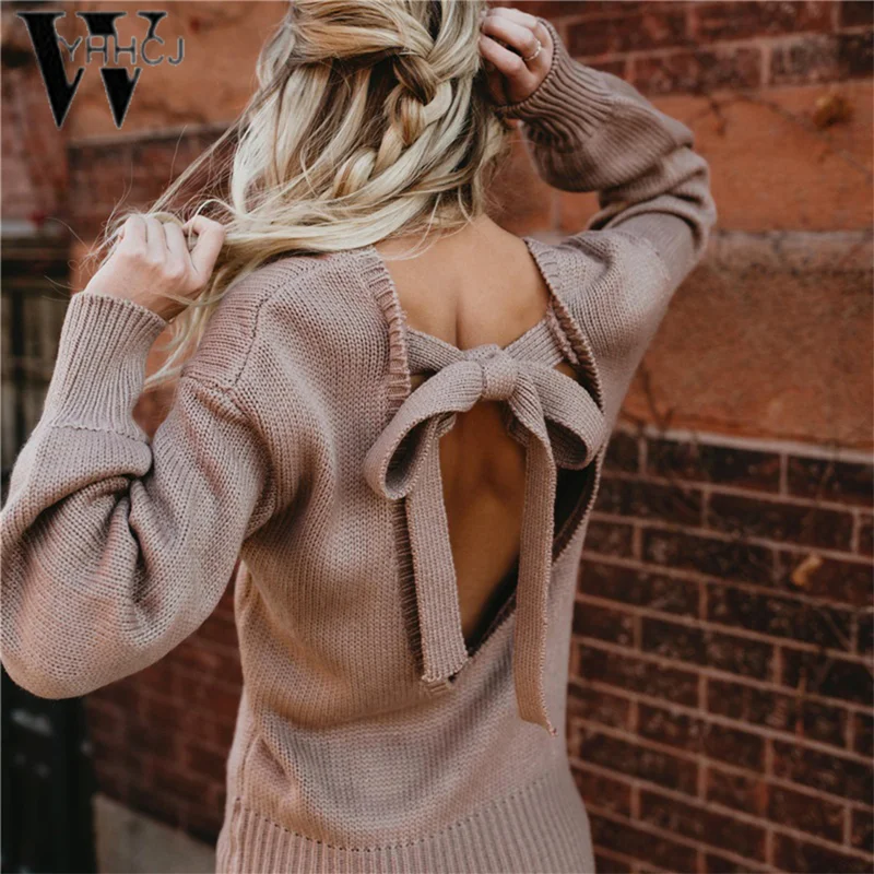 

Women Backless Sexy Sweater Autumn Winter Solid Knitted Pullovers Bowknot Long Sleeve Casual Sweaters