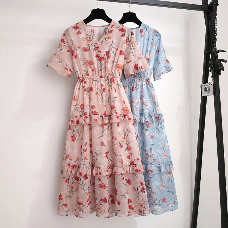 

BGTEEVER V-neck Floral Print Chiffon Women Dress Summer Ruffles A-line Female Short Sleeve Femme Midi Vestidos with Lining