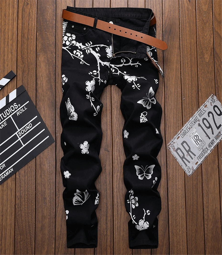 Повседневные джинсы с цветочным принтом, обтягивающие мужские брюки, джинсы джоггеры, мужские уличные брюки в стиле хип-хоп, одежда черного цвета WA110