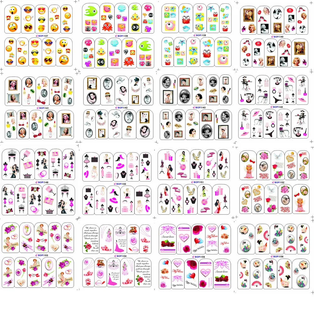 

2PCS BOP10 Cute Water Transfer Decal Nail Art Water Decal Smiling Face Princess Rose Flower