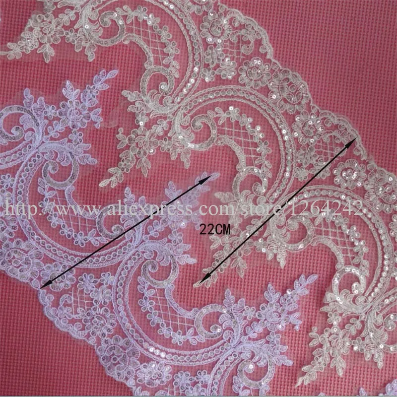 

Delicate 9yards 22cm Sequins Ivory/ White Fabric Flower Venise Venice Lace Trim Applique Sewing Craft for Wedding Dec. LW0333