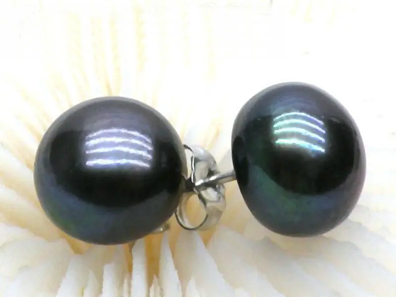 

Beautiful 12-13mm AAA Genuine black South Sea Pearl Earring 14K white Gold r