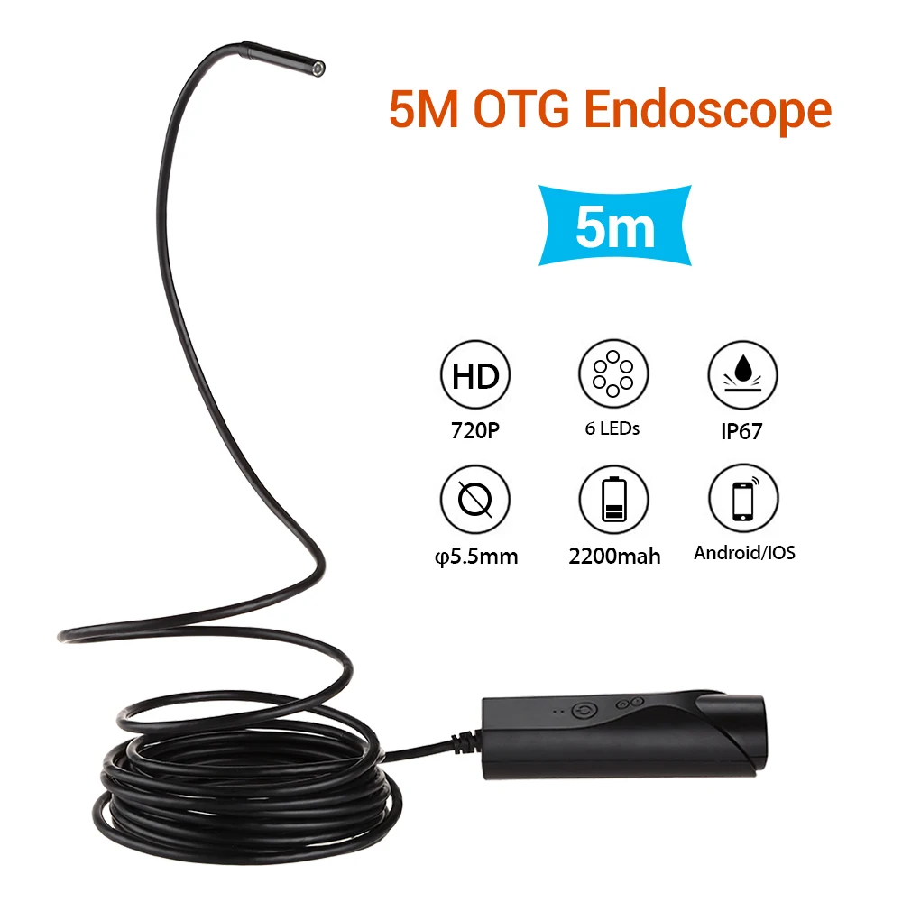 

5M 5.5mm Endoscope Camera Flexible IP67 Waterproof Inspection Borescope Camera for Android IOS 8.0 PC Tablet 6LEDs Adjustable
