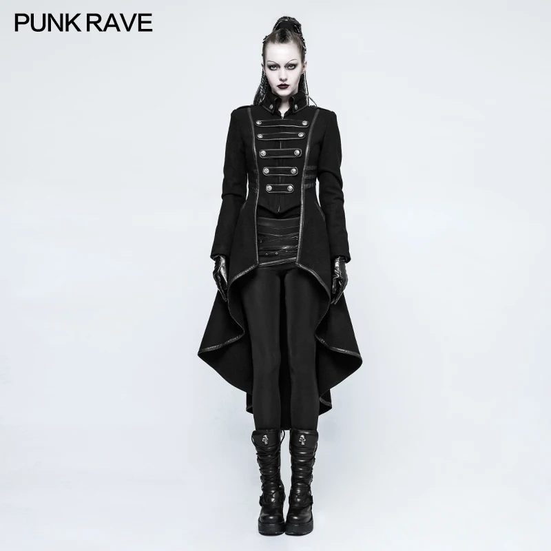 PUNKRAVE Women Punk Military Uniform High Collar Woolen Jacket Coat Plus Size Black Motorcycle Casual Ladies Outwear Trench Coat