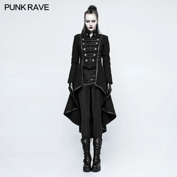 

PUNKRAVE Women Punk Military Uniform High Collar Woolen Jacket Coat Plus Size Black Motorcycle Casual Ladies Outwear Trench Coat