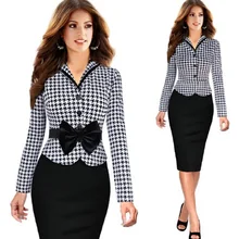 2016 New Womens Elegant Vintage Tartan Check Plaid Fitted Dress Long Sleeve Bow Sashes Formal Party Work Sheath Pencil Dress
