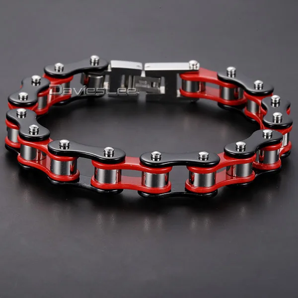 

Davieslee 12mm Mens Bracelet Biker Motorcycle Link Chain 316L Stainless Steel Bracelet Red Yellow Black Silver Color DLHBM58
