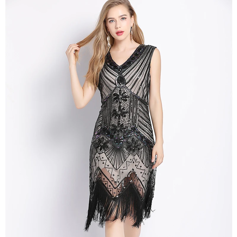 

Women 1920s Vintage Great Gatsby Dress Art Deco Sequin Dress Double V-Neck Tassels Bodycon Beaded Party Dress Flapper Dresses