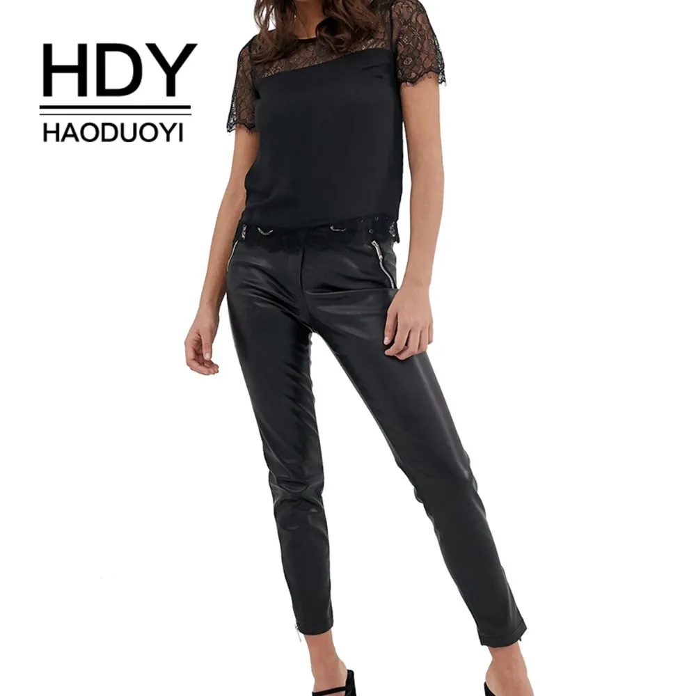 

HDY Haoduoyi Simple Sexy Lace Stitching Short Sleeves Tees Black Lace Sexy T-shirt Summer women O-Neck Tops Wholesale