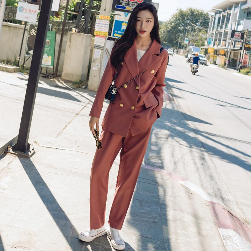

new elegant women's Pant suits Blazer Long Double-breasted Solid color casual suit Loose blazer jacket female fenimino bomber