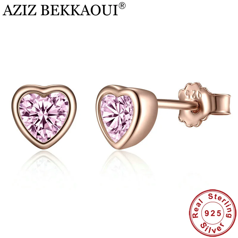 AZIZ BEKKAOUI Аутентичные стерлингового серебра 925 пробы романтическое розовое сердце CZ серьги-гвоздики для женщин ослепительное Стерлинговое серебро ювелирные изделия подарок