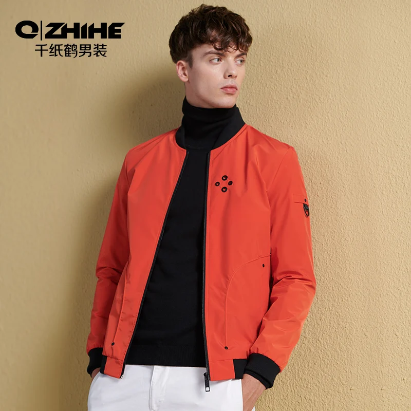 

QZHIHE Men Baseball Uniform Thin Men Bomber Jacket Trend Fashion Casual Orange Jacket 30050