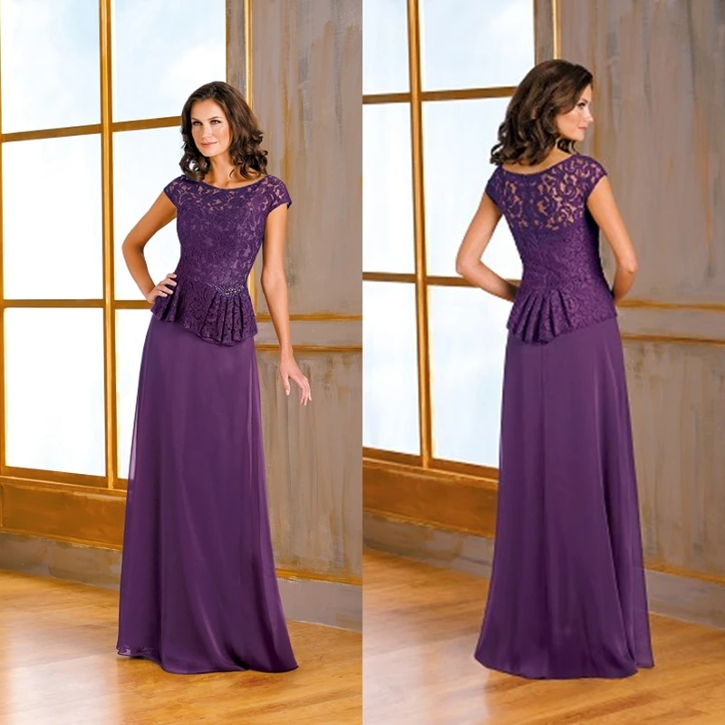 

A-Line O-Neck Ruched Lace Cap Sleeves Mother of the Bride Dresses 2015 Black Chiffon Long Plus Size Mother Gowns JAD11