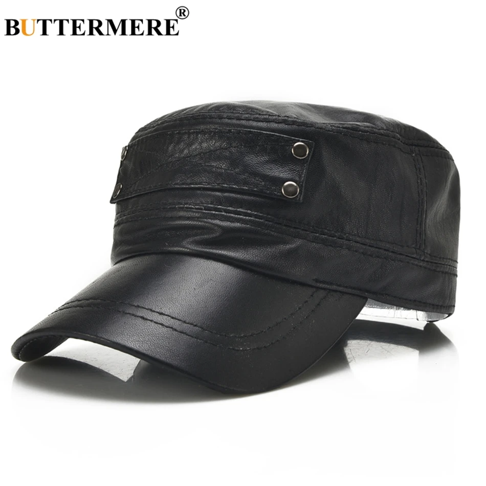 

BUTTERMERE Spring Autumn Hat Black Military Hat For Men Genuine Leather Adjustable Captain Cap Army Male Casual Sailor Cap Navy