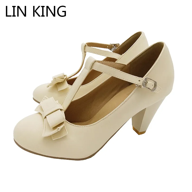 

Hot Sale Autumn Women Pumps PU Pointed Toe T-Strap Buckle Bowtie Sweet Lolita Shoes Thick Square Heel Platform Shoes Plus Size