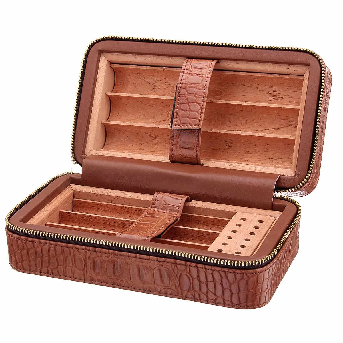 19.5x11x8cm Brown Leather Cedar Lined Cigar Travel Hydrating Case Humidor Hold 6 Cigars with Humidifier