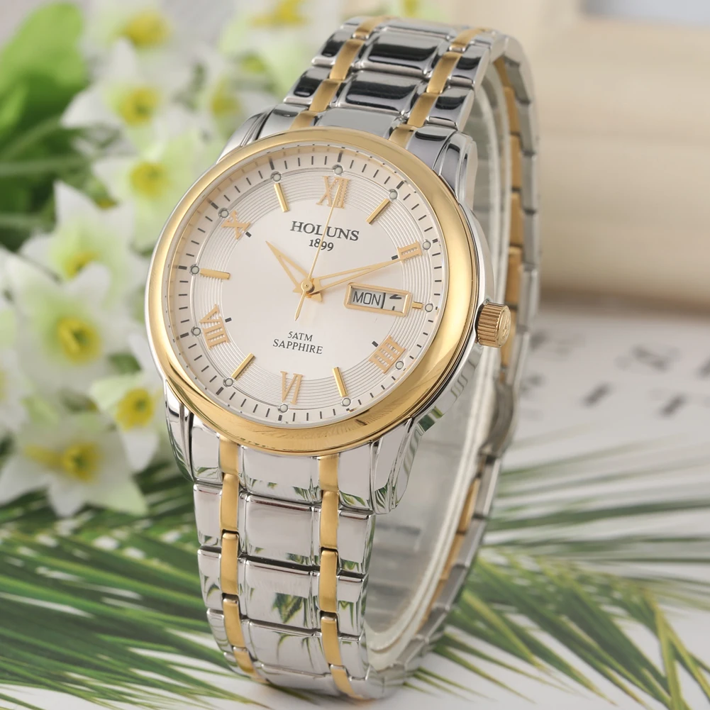 de aço inoxidável numerais romanos ouro dial relógio de pulso