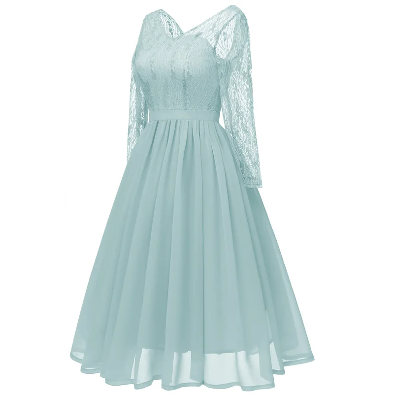 JLI может, винтажное кружевное платье с длинным рукавом, вечерние, Осенние, женские, шифоновые, с открытой спиной, простые, v-образный вырез, миди, формальные, свадебные, элегантные