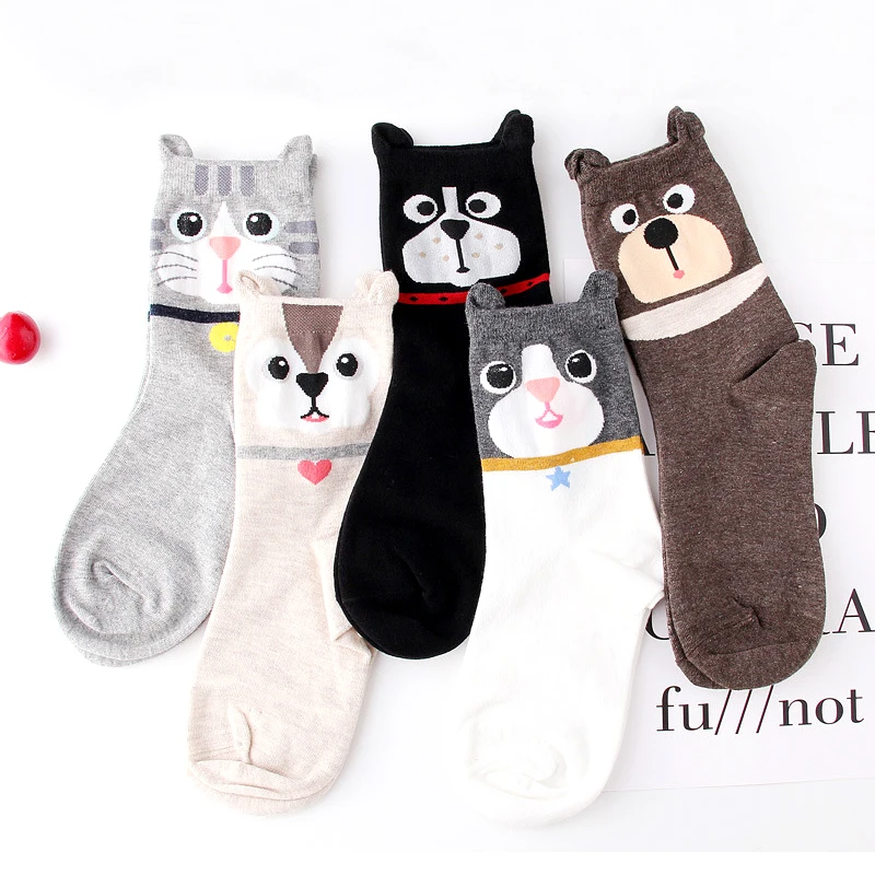 

Hot 3D Animal Cat Dog Socks Unisex Lovers Harajuku Cute Cat Dog Face Earring Heart Short Novelty Girls Socks