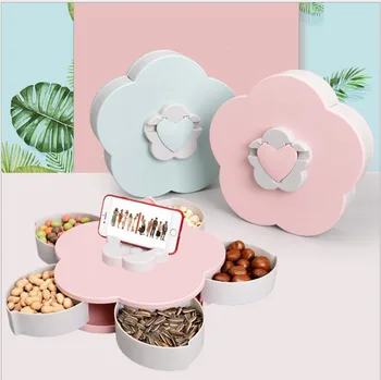 

Storage Boxes Petal Shaped Rotating Candy Box Dish Snacks Tray Five Grid Dried Fruit Plate with Mobile Phone Rack Holder