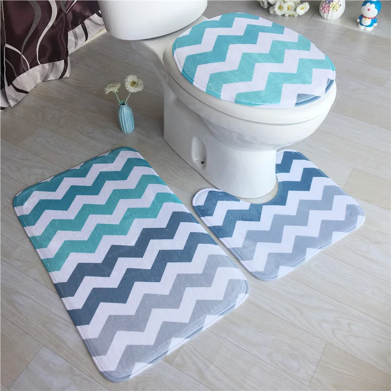 

3pcs/Set Flannel-Print Toilet Seat Three-Piece Suite Bathroom Toilet Three-Piece Carpet Non-Slip Floor Mat