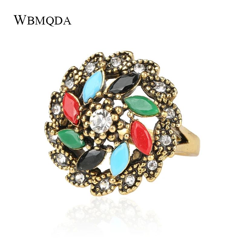 Fashion-Jewelry-Ring-Gold-Color-Vintage-Style-Colorful-Resin-Austrian-Crystals-Round-Windmill-Shape-Rings-For